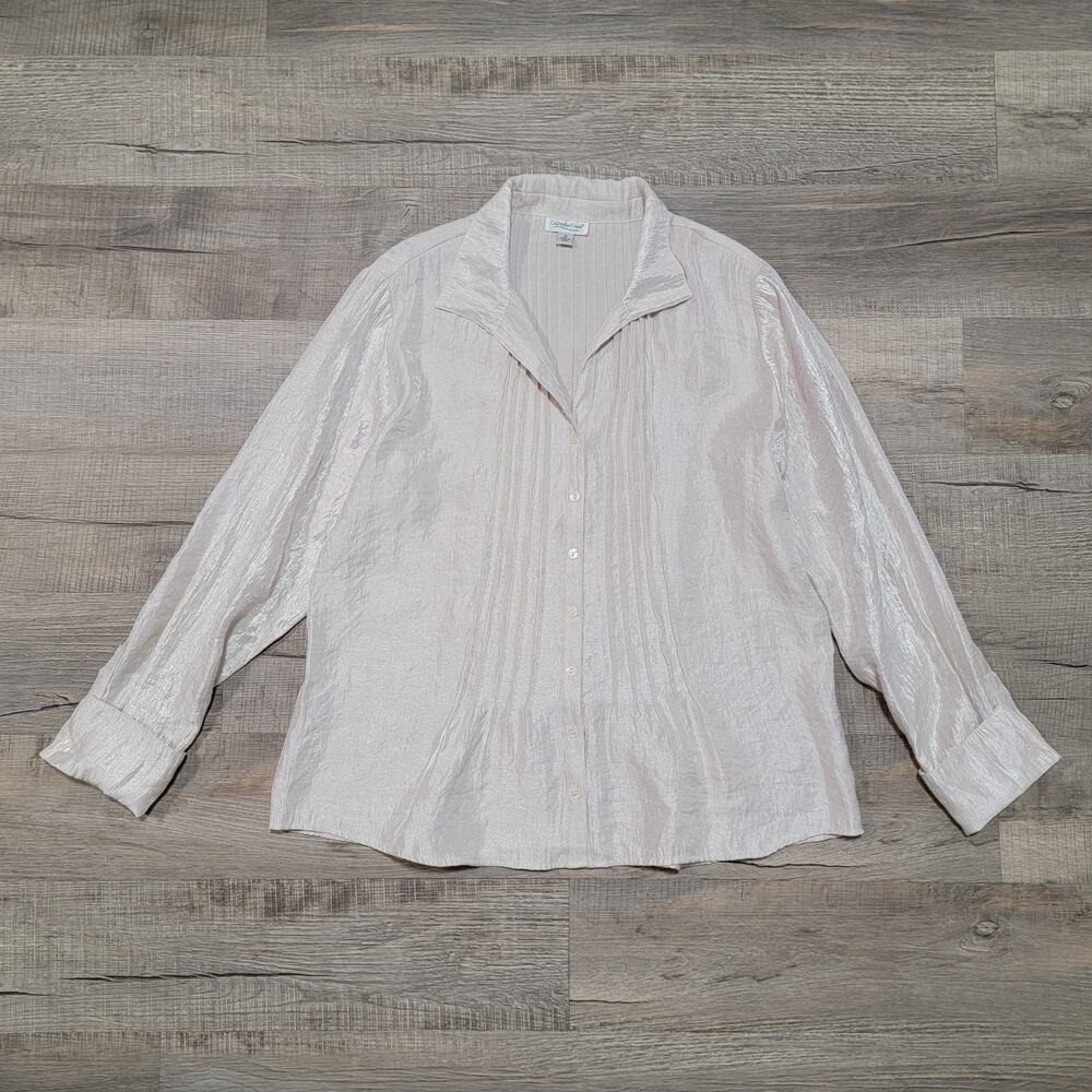 Coldwater Creek Plus Size 1X Button Up Pintuck Pleat Front Shimmer Top Work Glam